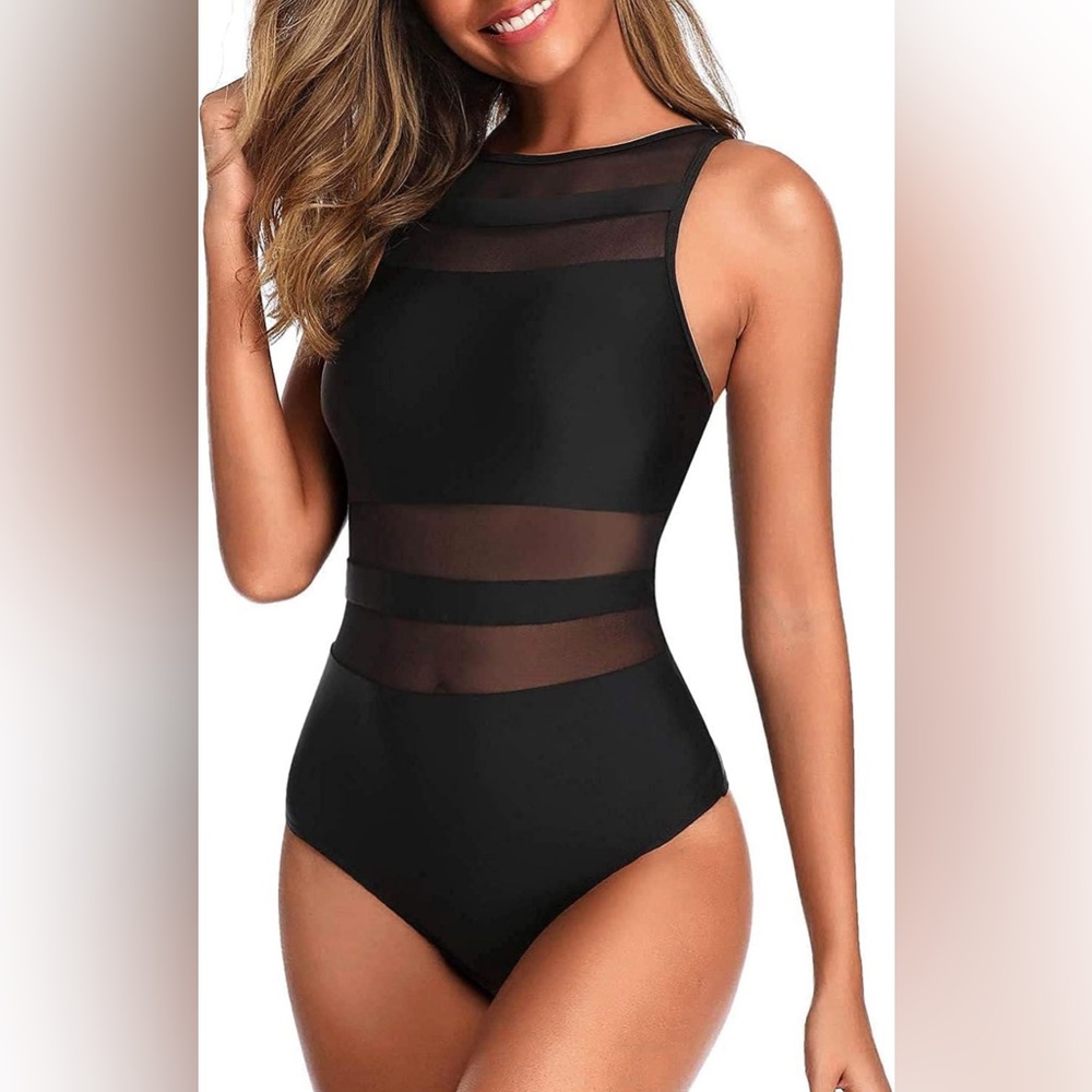 Holipick High Neck One Piece Swimsuits for Women Mesh Bathing Suits Open Back